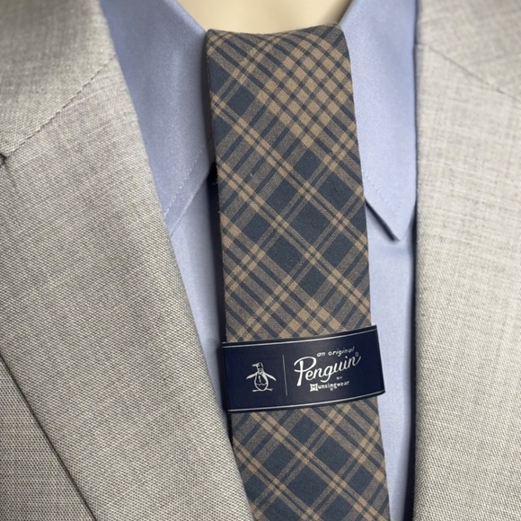 NEW! Original Penguin Cotton, Slim Blue Plaid Tie - Picture 3 of 3